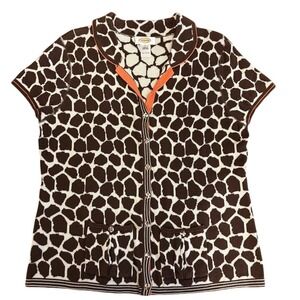 Talbots Cardigan Sweater Womens Brown Giraffe Print Pockets Short Cap Sleeve